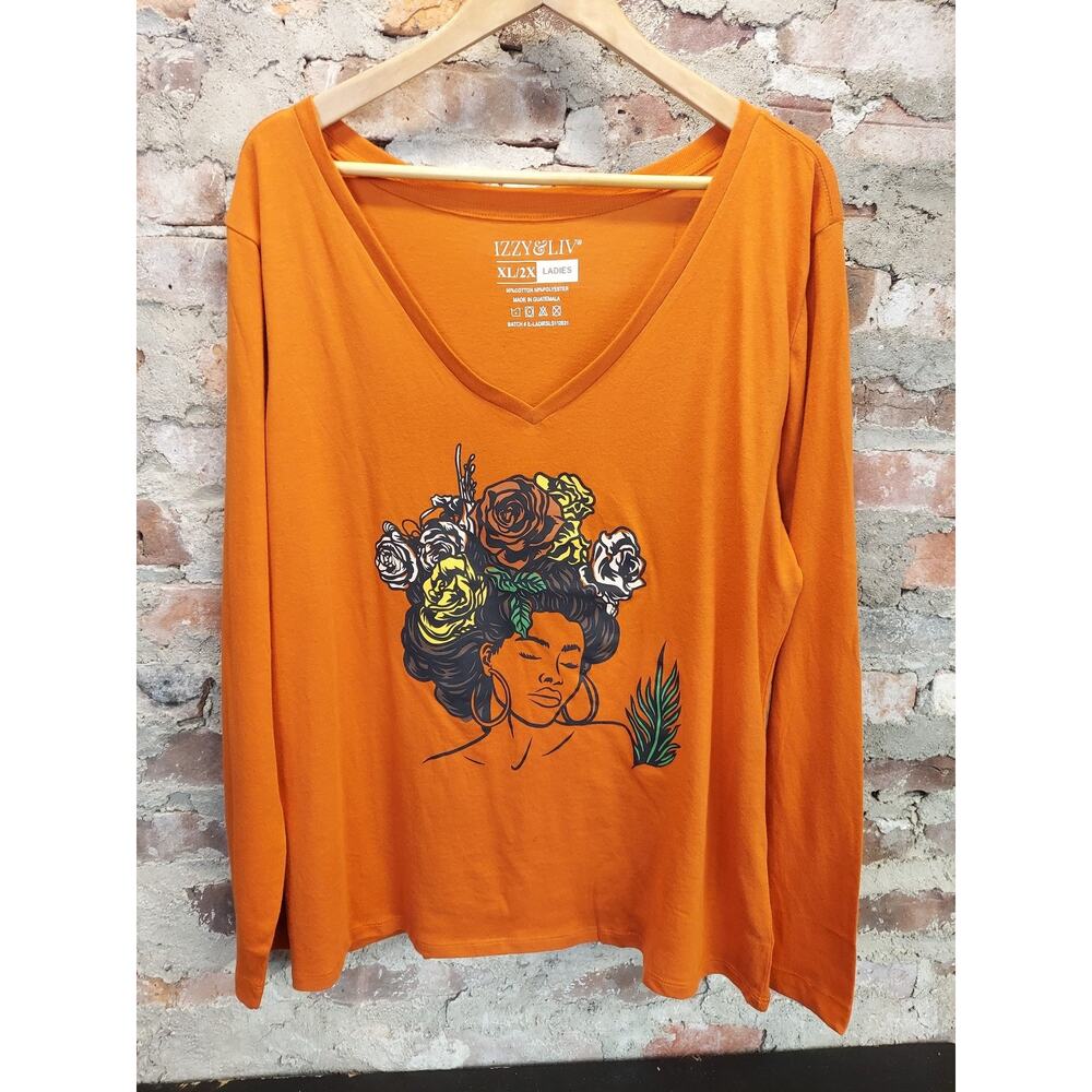 IZZY & LIV Womens Plus XL 2X Orange Long Sleeve V Neck Graphic Print T Shirt